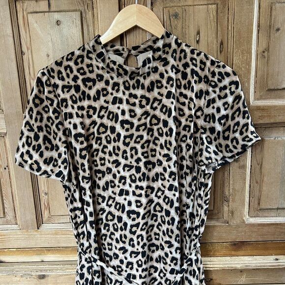 Avec Les Filles 10 Leopard Print Dress Mock Neck Short Sleeve Belted - Picture 3 of 16